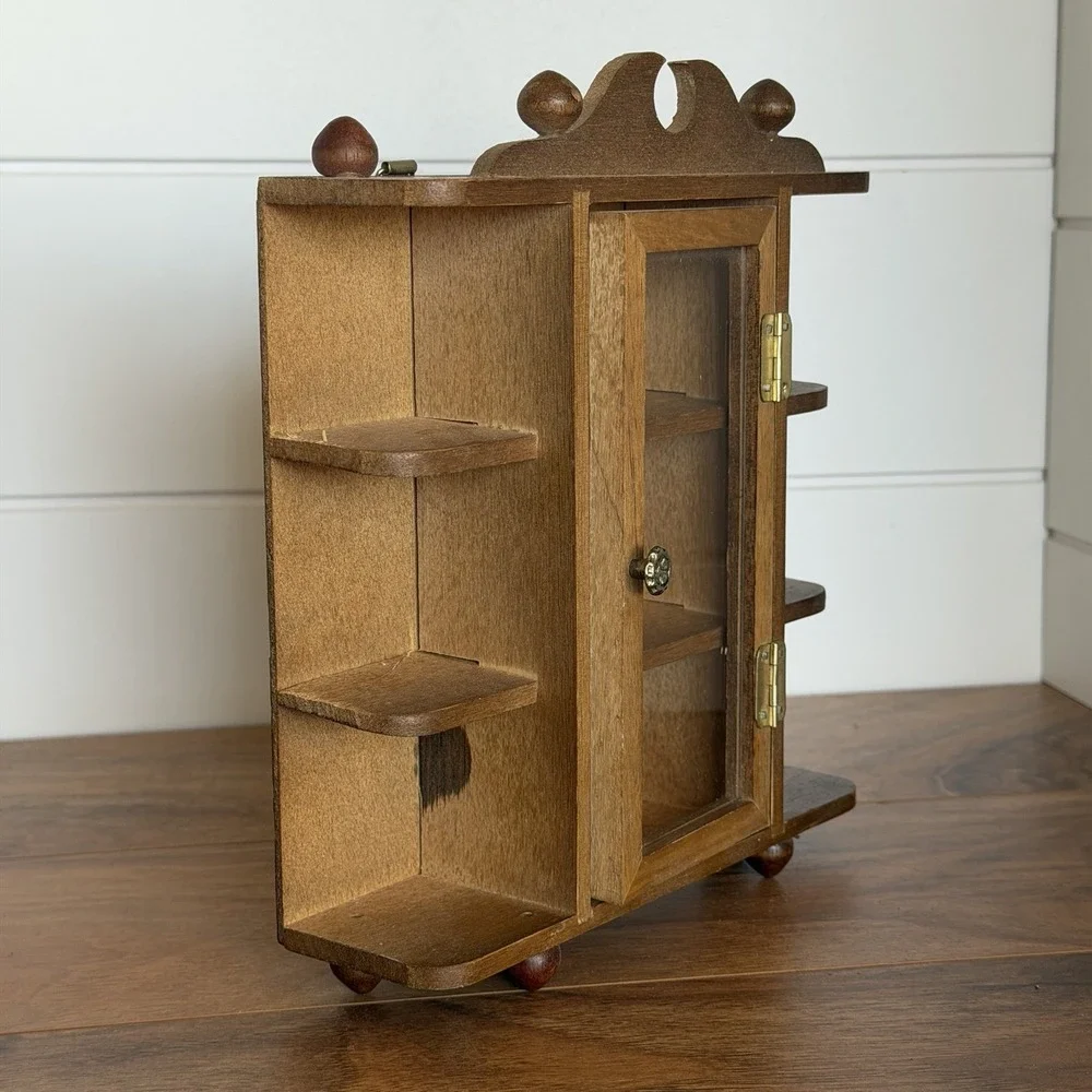 VTG Miniture Wood And Glass Footed Curio Cabinet with 3 Shelf MCM Trinkets *Flaw